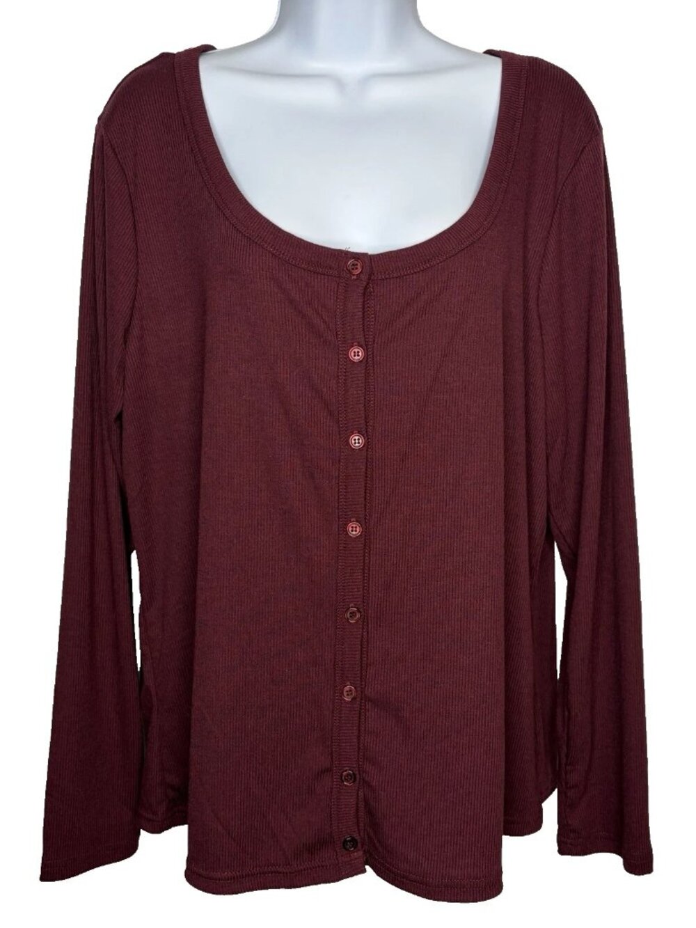 No Comment Long Sleeve Henley Shirt Size 2X Burgundy Ribbed Button Up Scoop Neck